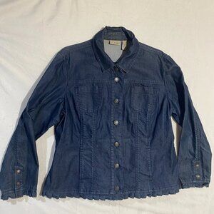 Chicos Platinum Denim Jacket Women 3 Blue Ruffle Button Front Long Sleeve